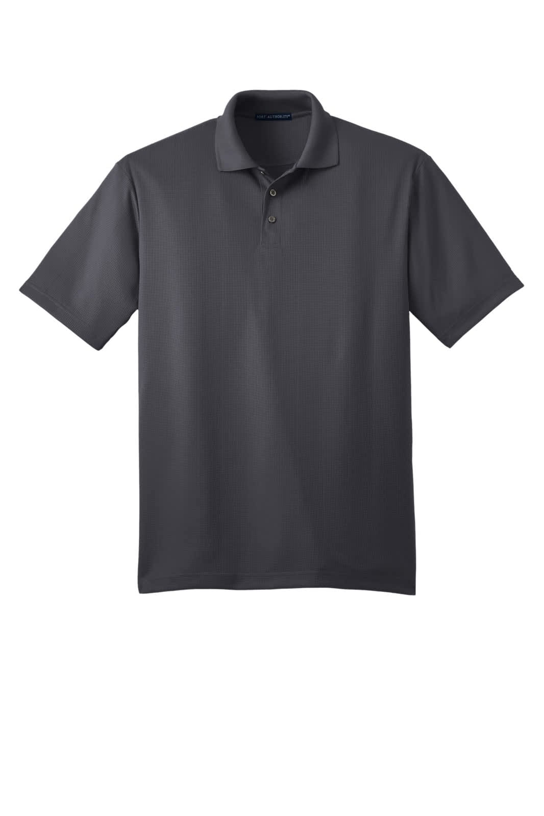 A dark grey polo shirt with a collar and buttons. The shirt features a logo.
