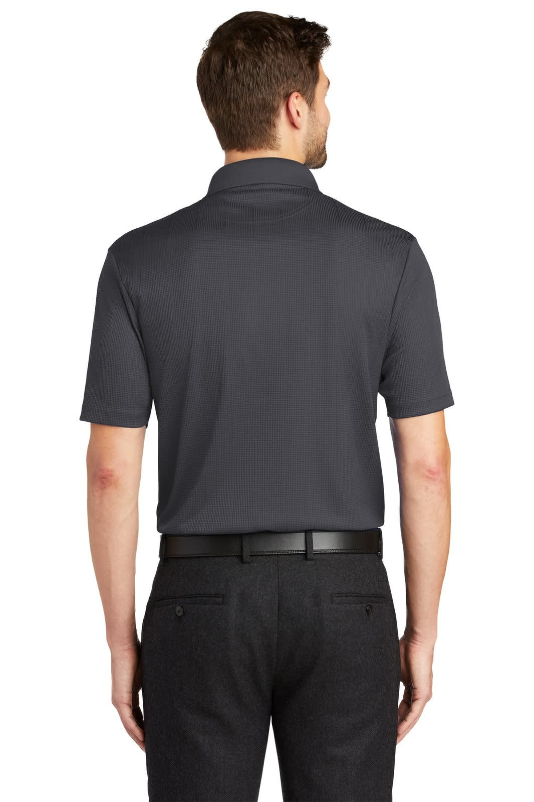 A dark grey polo shirt with short sleeves, featuring a collar and a branding logo on the back.