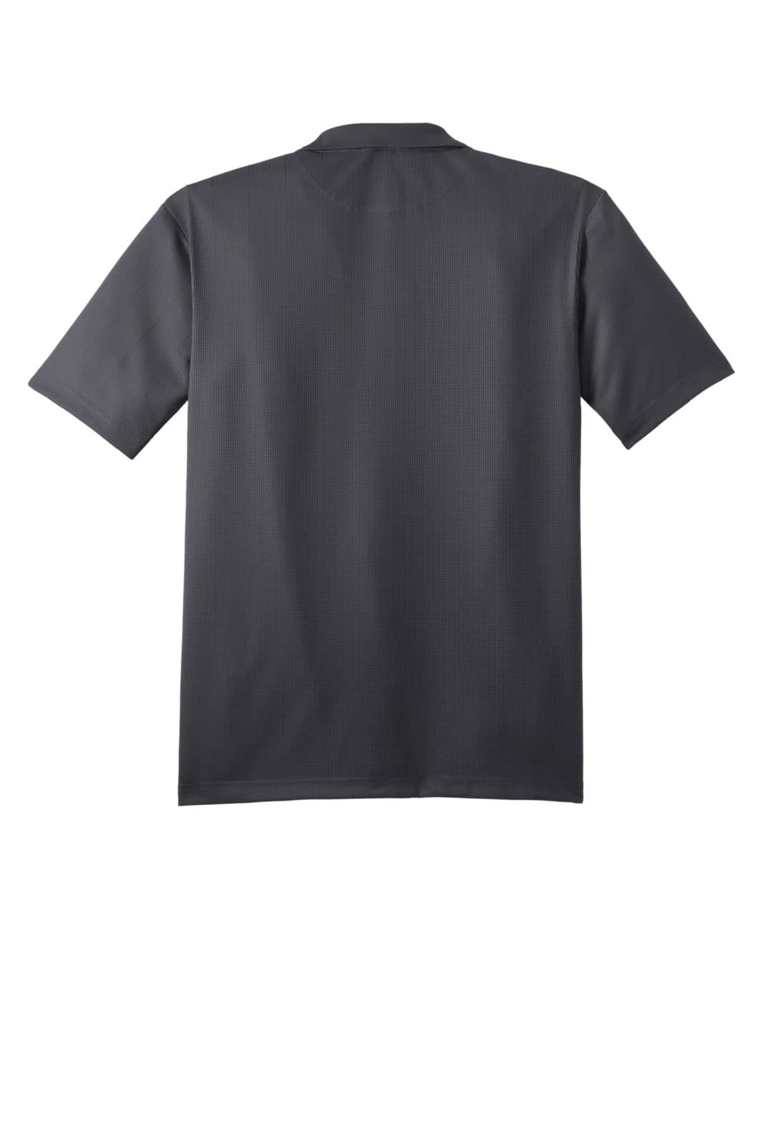 A grey performance polo shirt with short sleeves, featuring a simple design and a logo.