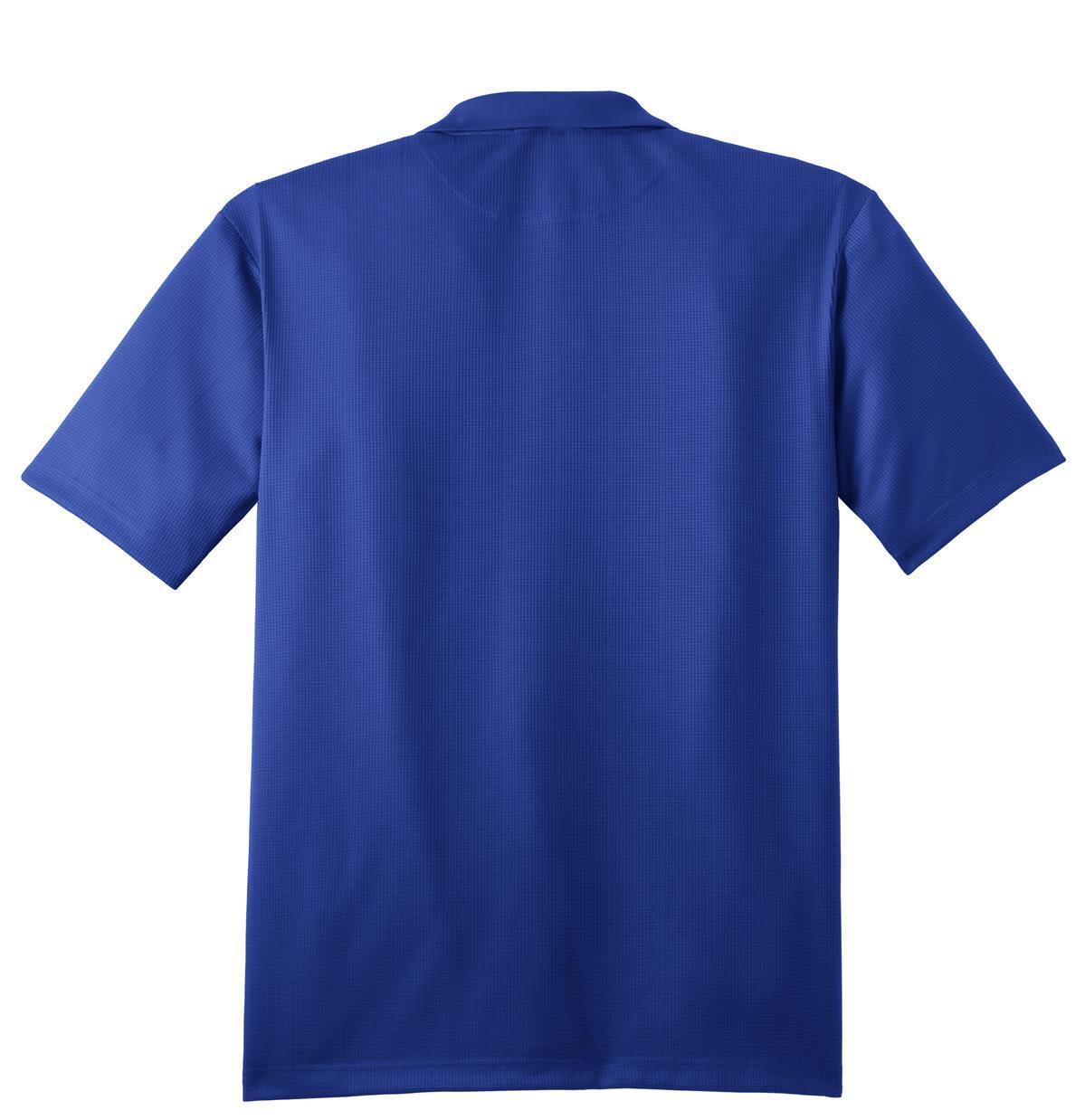 A blue Port Authority Performance Fine Jacquard Polo shirt featuring a logo on the back.