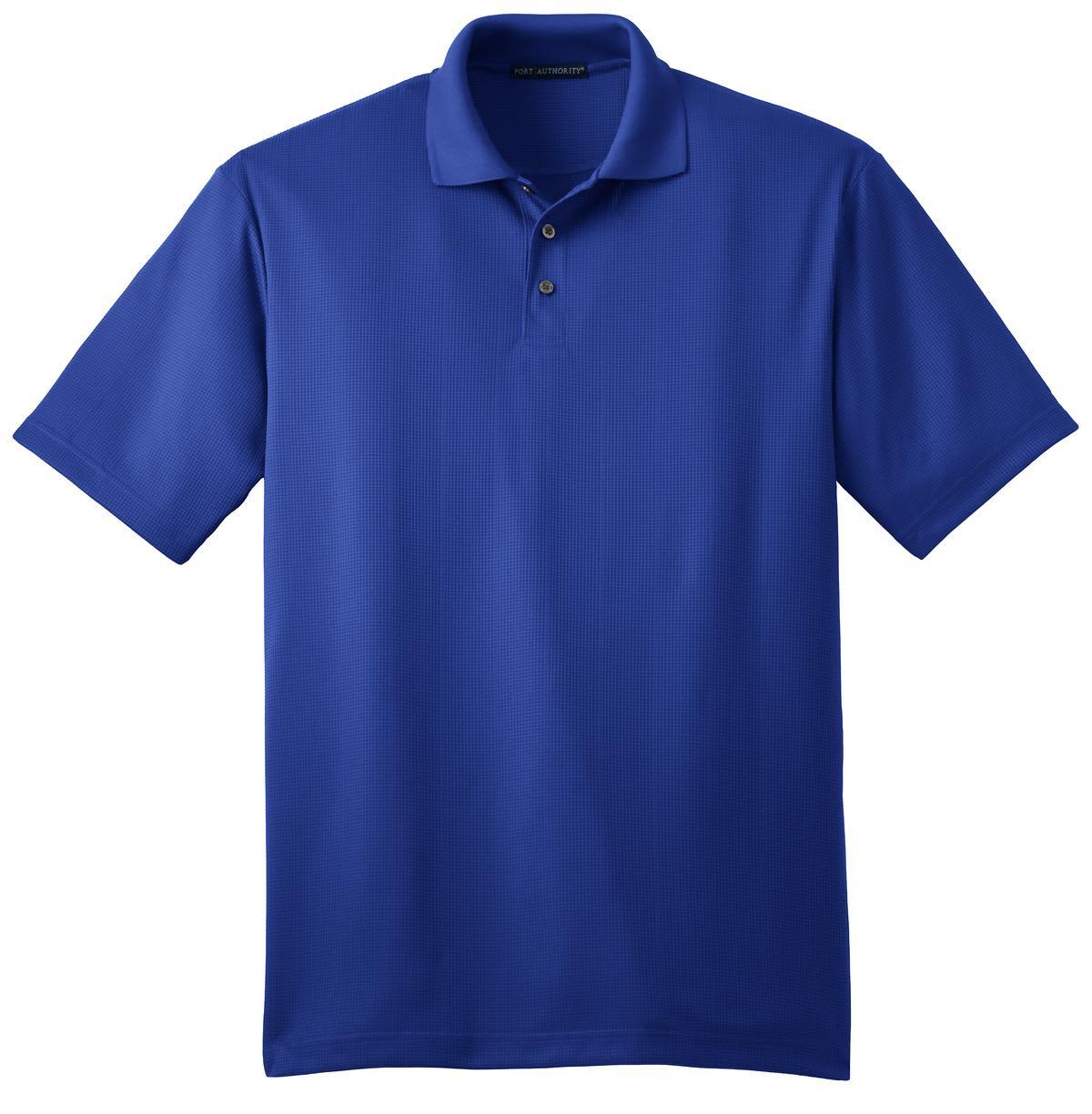 A blue Port Authority Performance Fine Jacquard Polo shirt with a collar and buttons, featuring a logo.