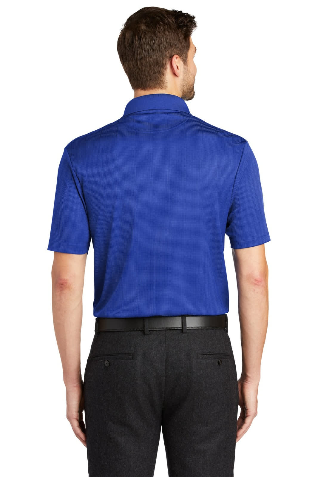 A blue polo shirt viewed from the back, featuring short sleeves and a collar. It has a logo on the chest area.