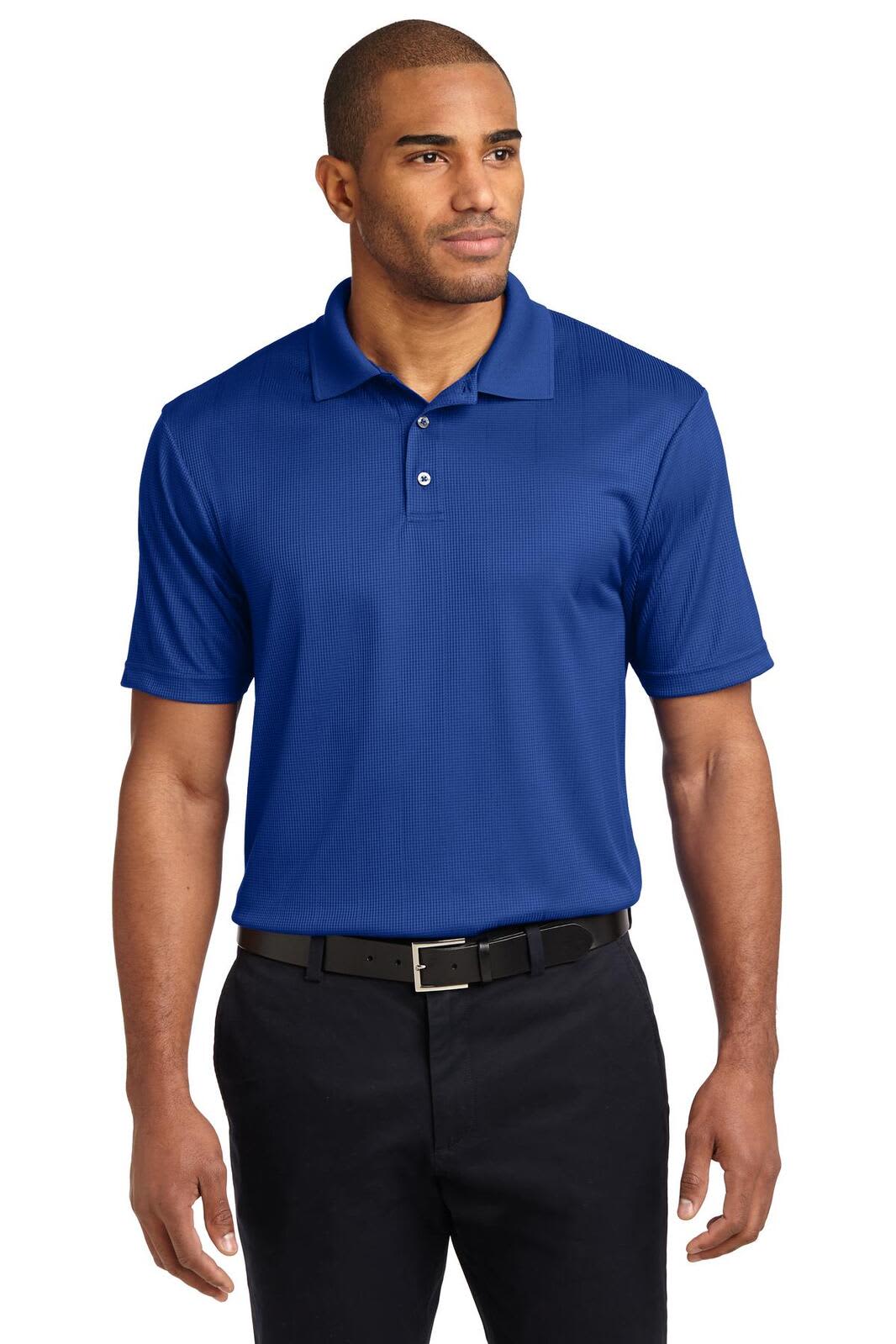 A blue polo shirt with short sleeves, featuring a collar and a logo, worn by a man paired with black trousers.