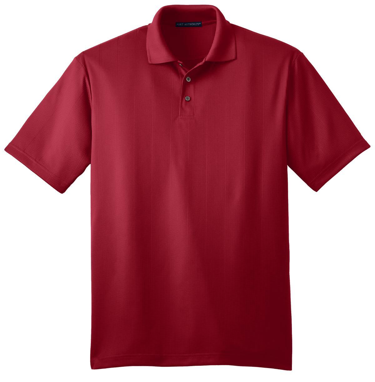 A red polo shirt featuring a fine jacquard pattern and a collar, with a logo on the chest.
