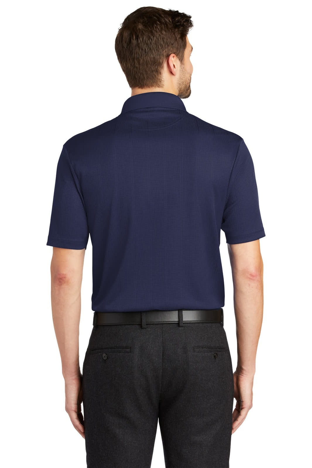 A navy blue polo shirt with a collar and short sleeves, featuring a logo on the back.