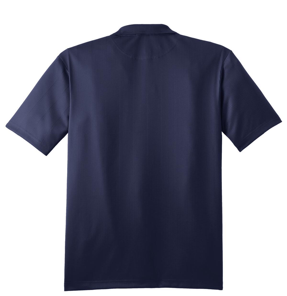 A navy blue polo shirt made from performance fine jacquard fabric, featuring short sleeves and a collar.