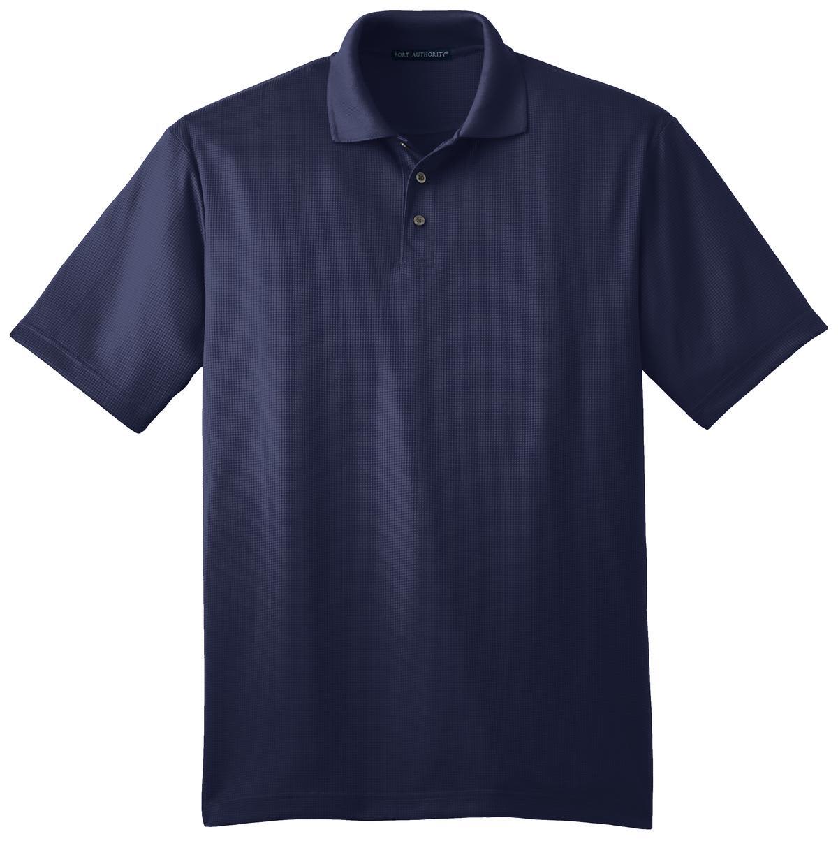 A navy blue polo shirt with a fine jacquard texture, featuring a collar and three buttons, including a logo.