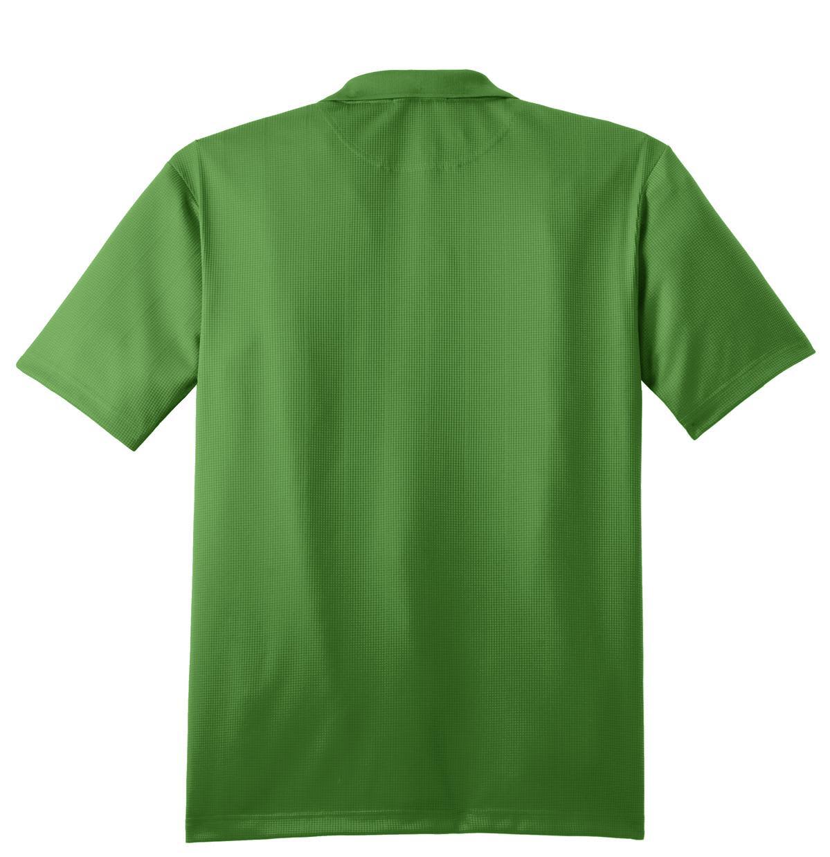 A green performance polo shirt with a textured finish and a back view, featuring a logo.