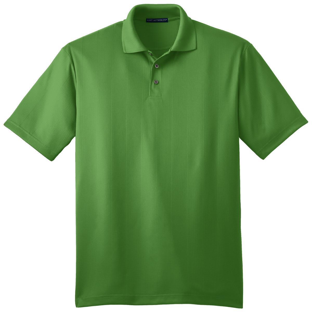 A green Port Authority Performance Fine Jacquard Polo shirt featuring a collar and short sleeves, with a logo on the chest.