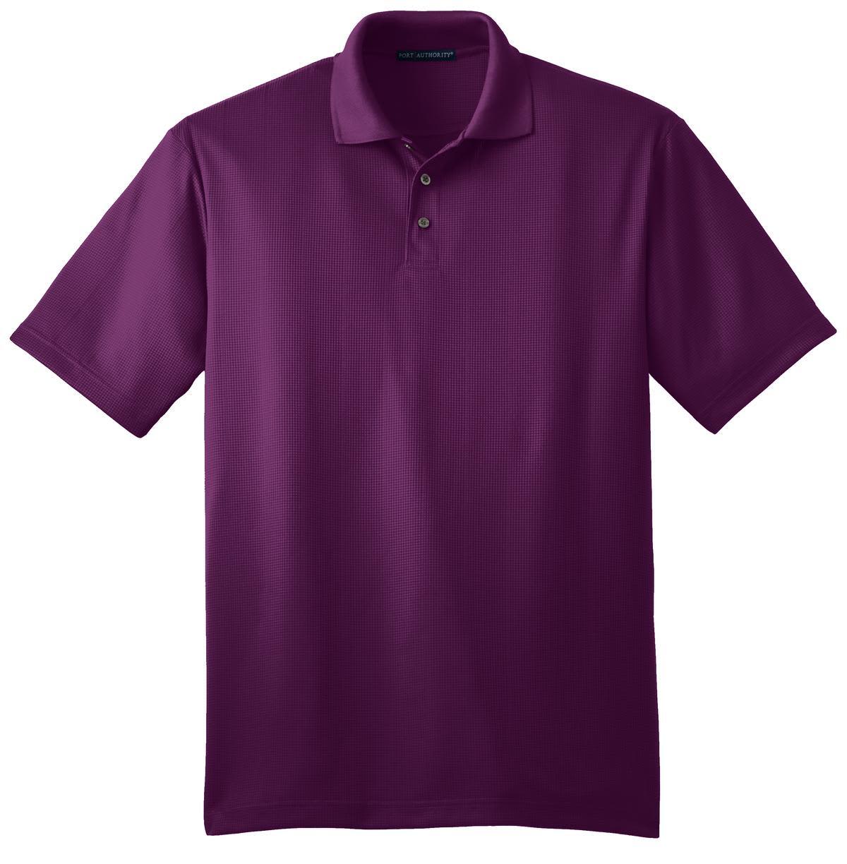 A purple Port Authority Performance Fine Jacquard Polo shirt with a branded tag and three buttons at the collar.