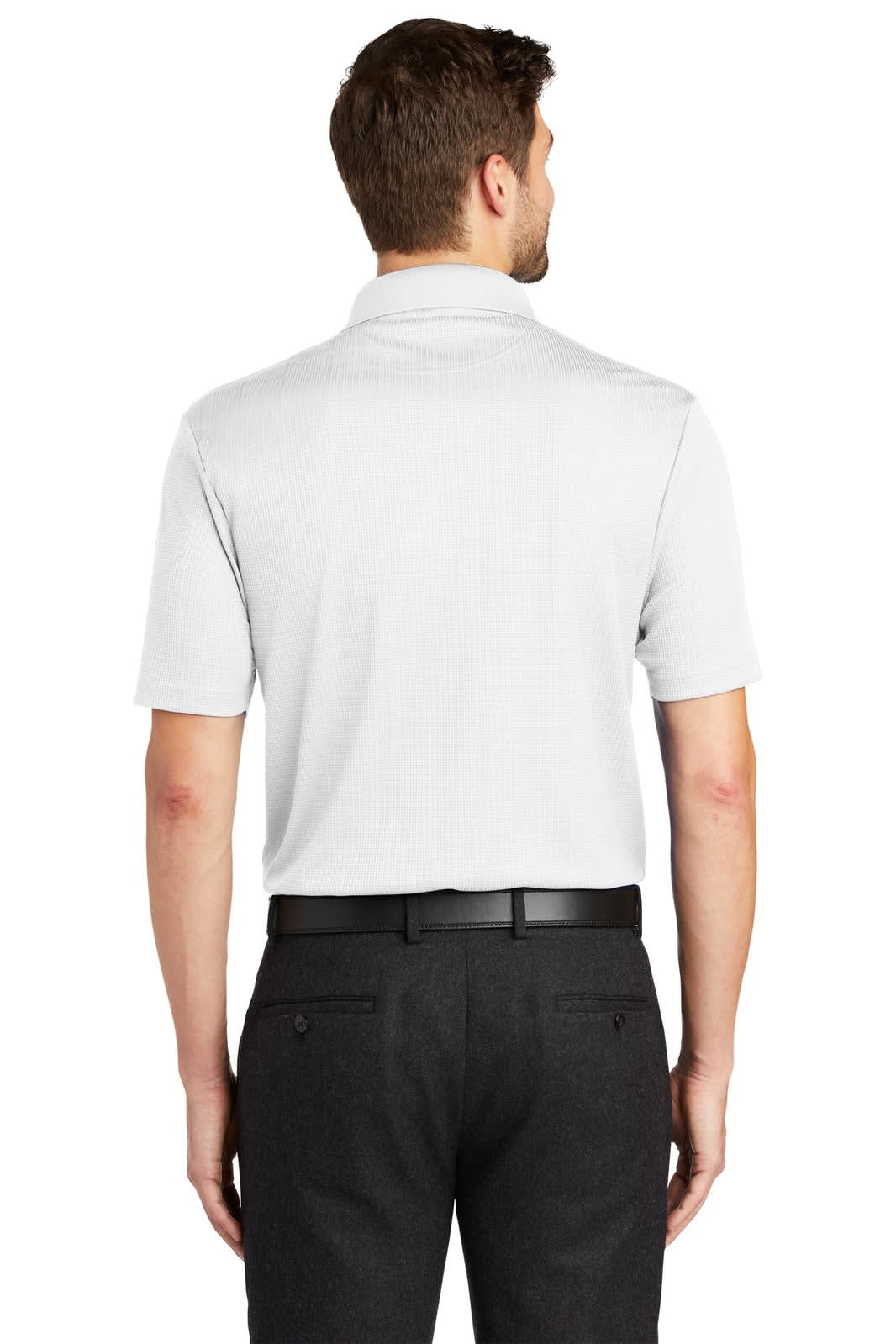 A man wearing a light grey polo shirt, viewed from the back, paired with black trousers. The shirt has a logo.