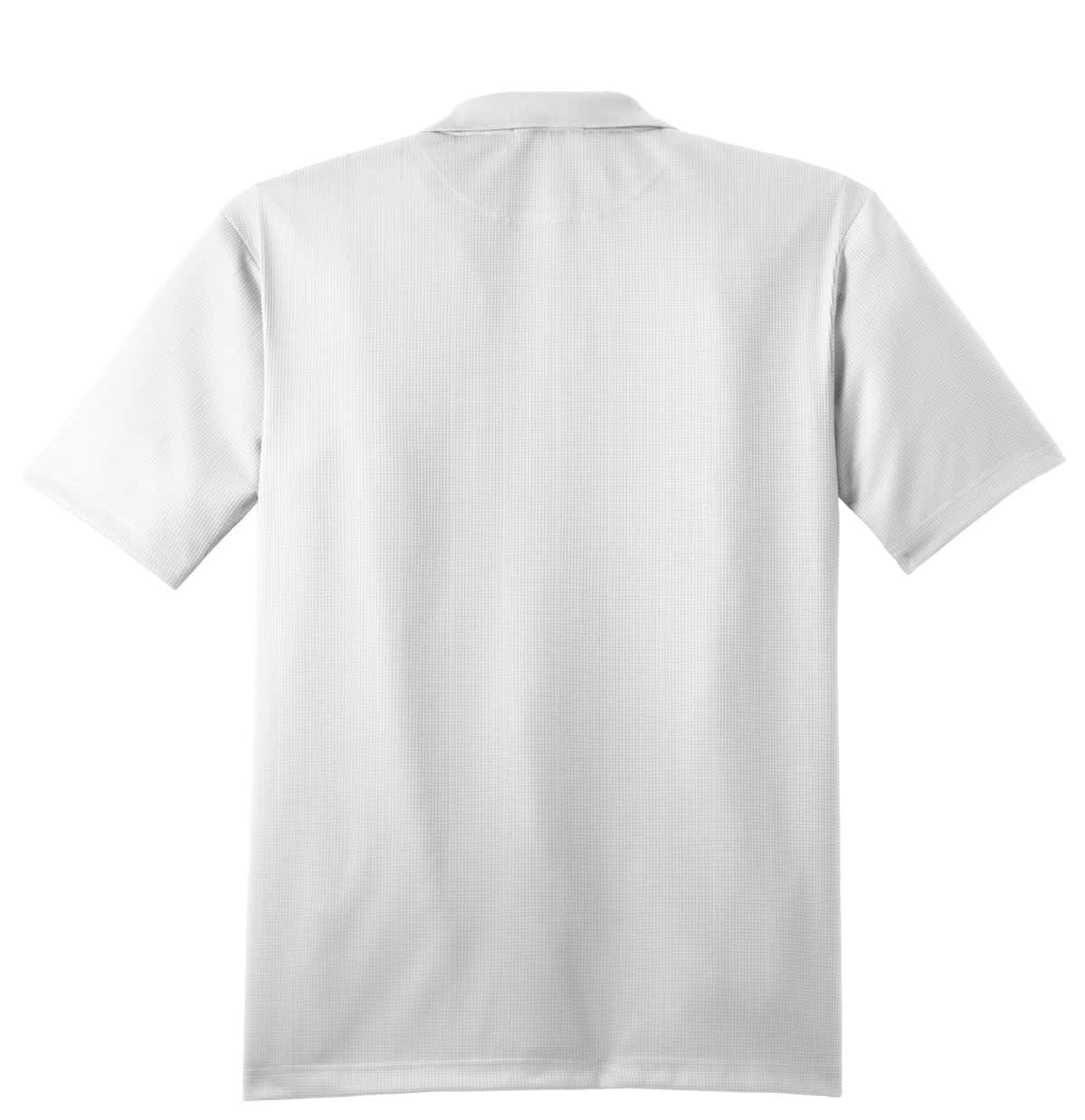 A white polo shirt featuring short sleeves and a collar, with a brand logo on the back.