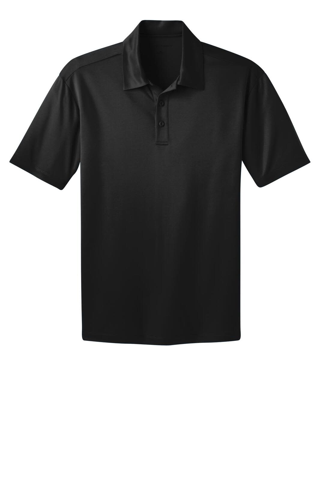 A black polo shirt featuring a collar and button placket, with a logo on the chest.