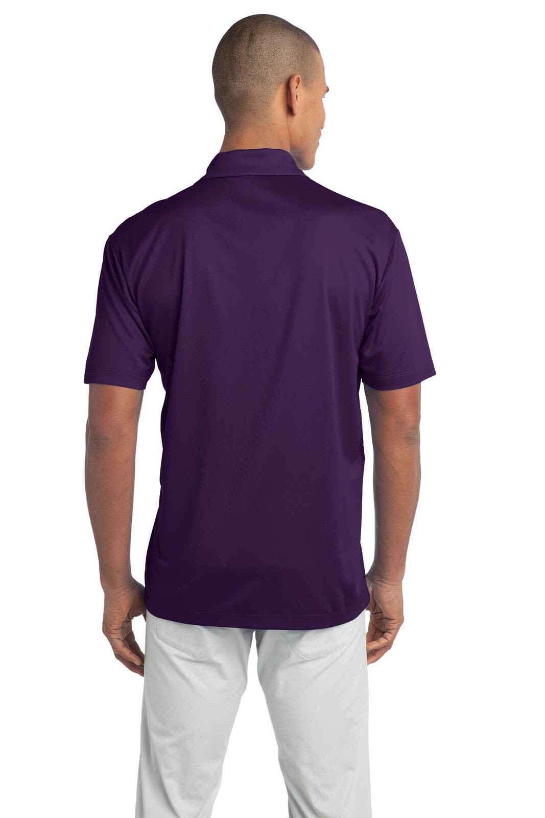 A purple Port Authority Silk Touch Performance Polo with a short sleeve design and a logo on the back.