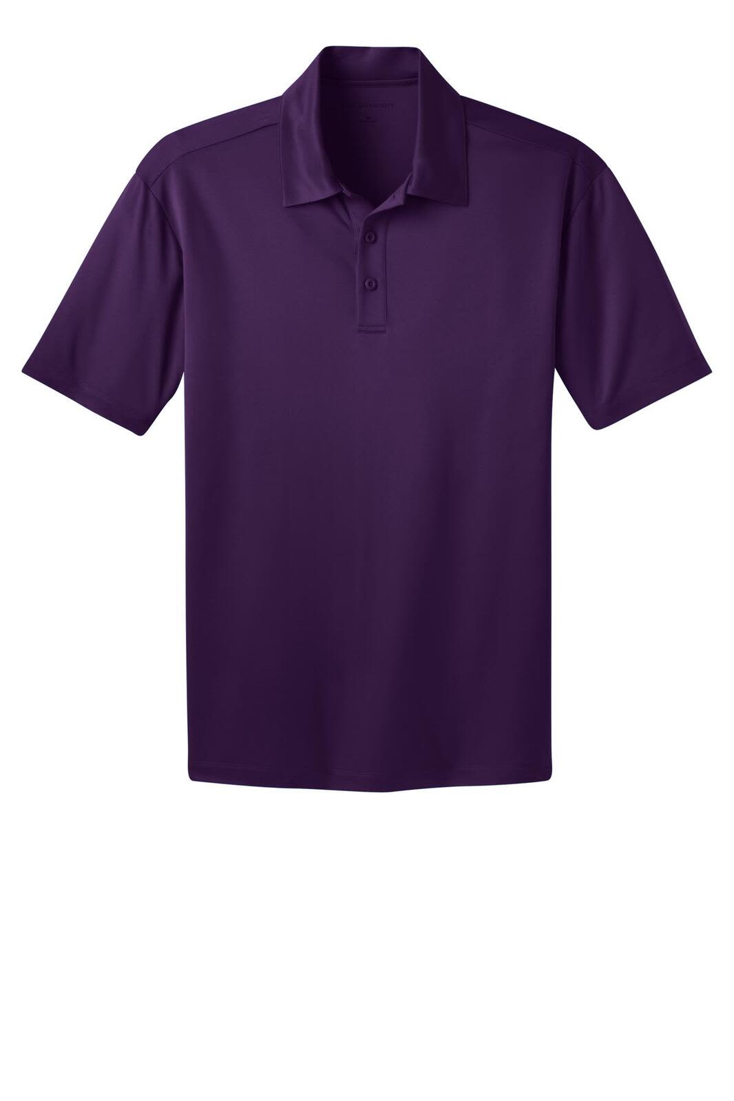 A purple polo shirt featuring a collar, button placket, and short sleeves. It has a logo on the chest.