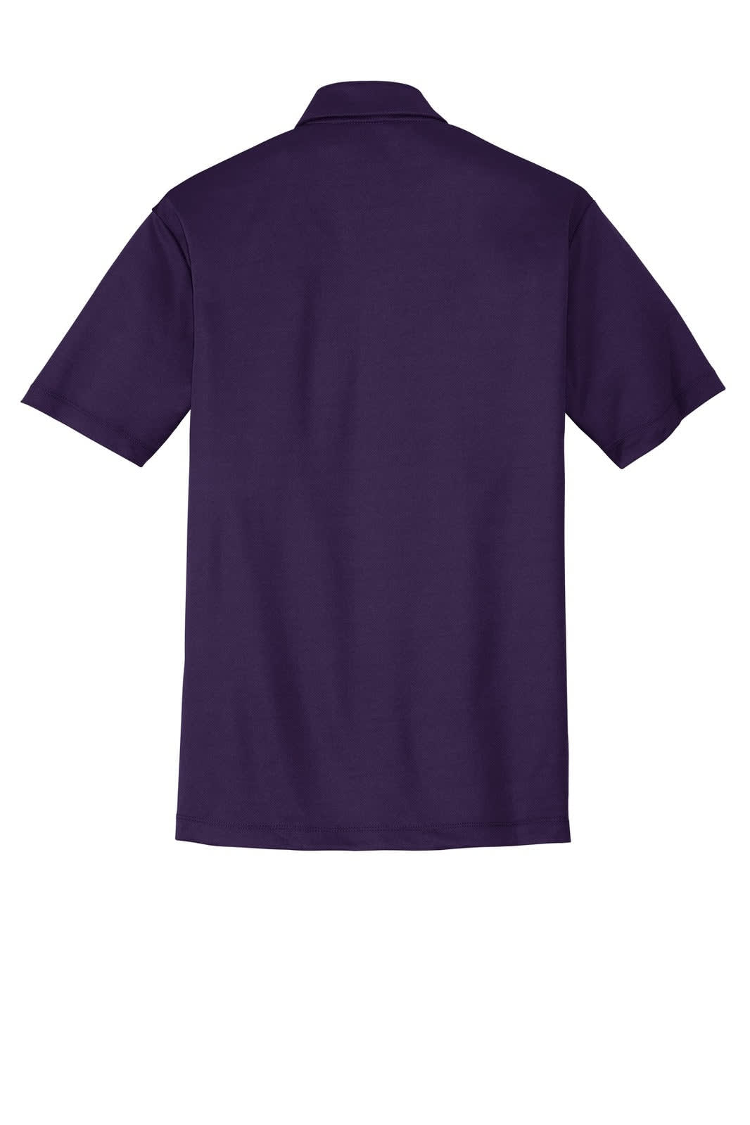 A purple polo shirt with a collar, featuring short sleeves and a logo on the back.