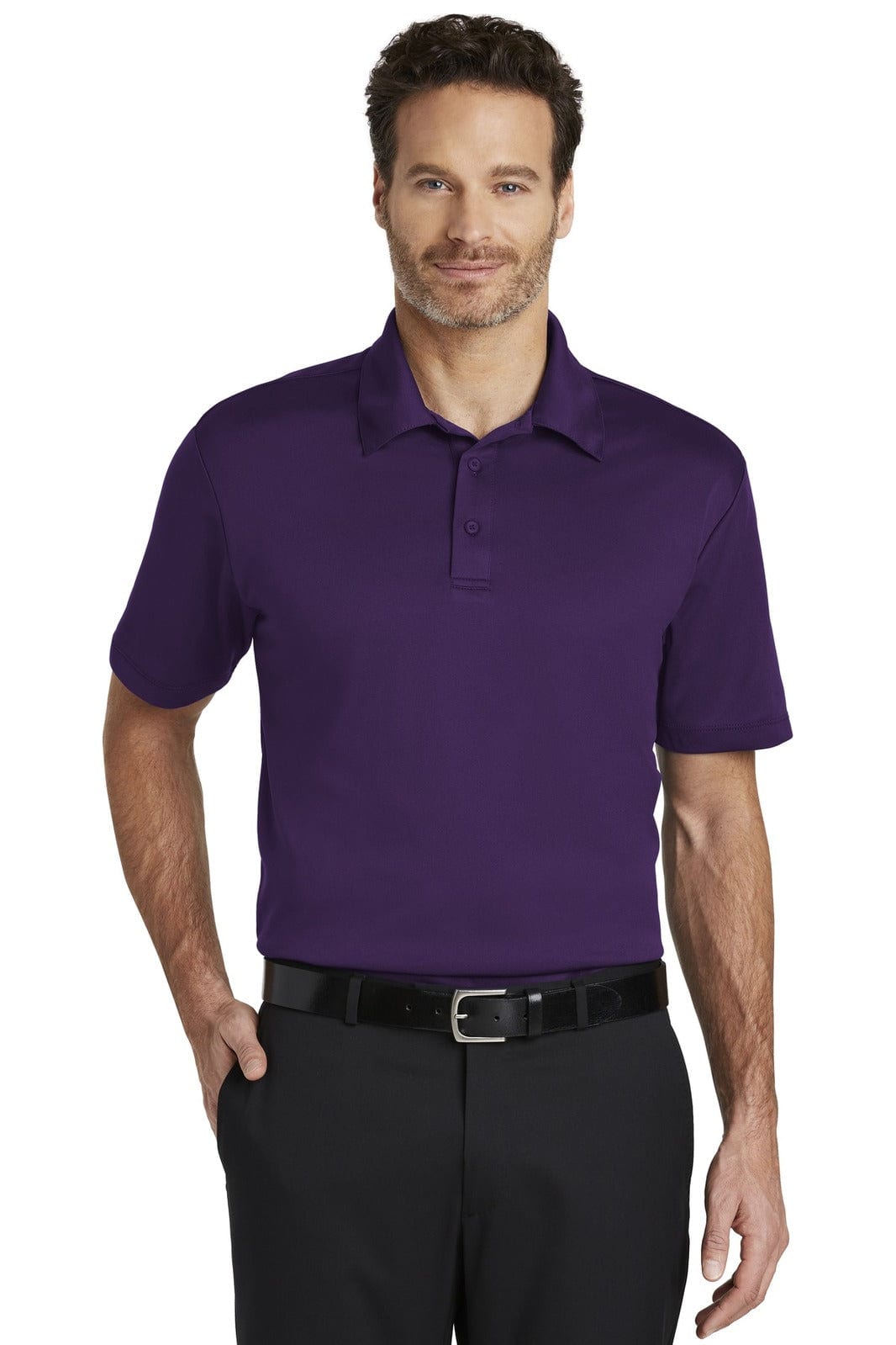 A purple polo shirt with a collar, featuring a logo, worn by a man with a casual style.