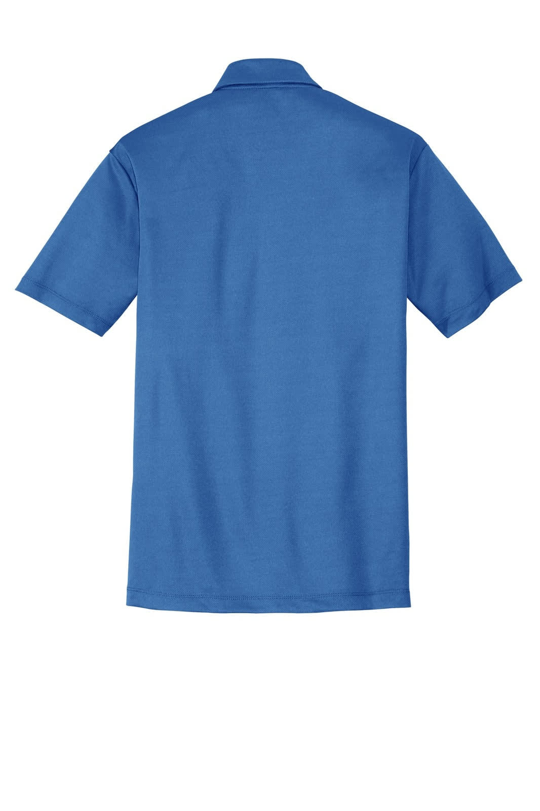 A blue polo shirt featuring a collar and short sleeves, with a logo on the back.