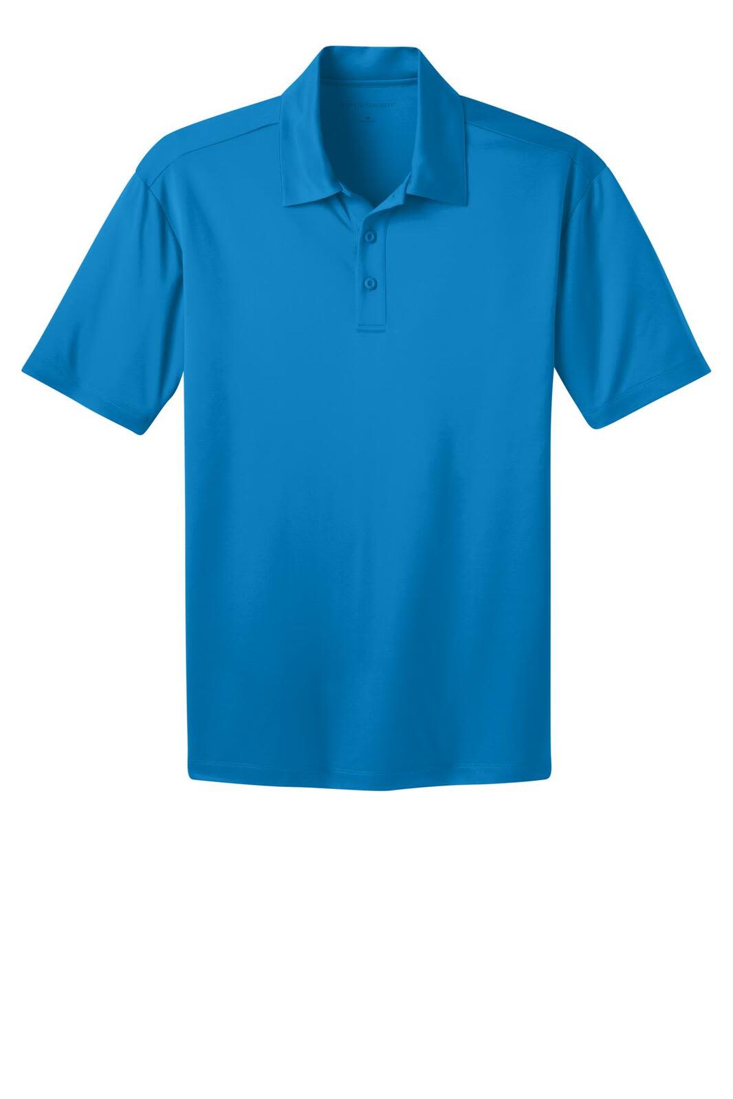 A blue polo shirt with a collar, short sleeves, and a placket with buttons, featuring a logo.