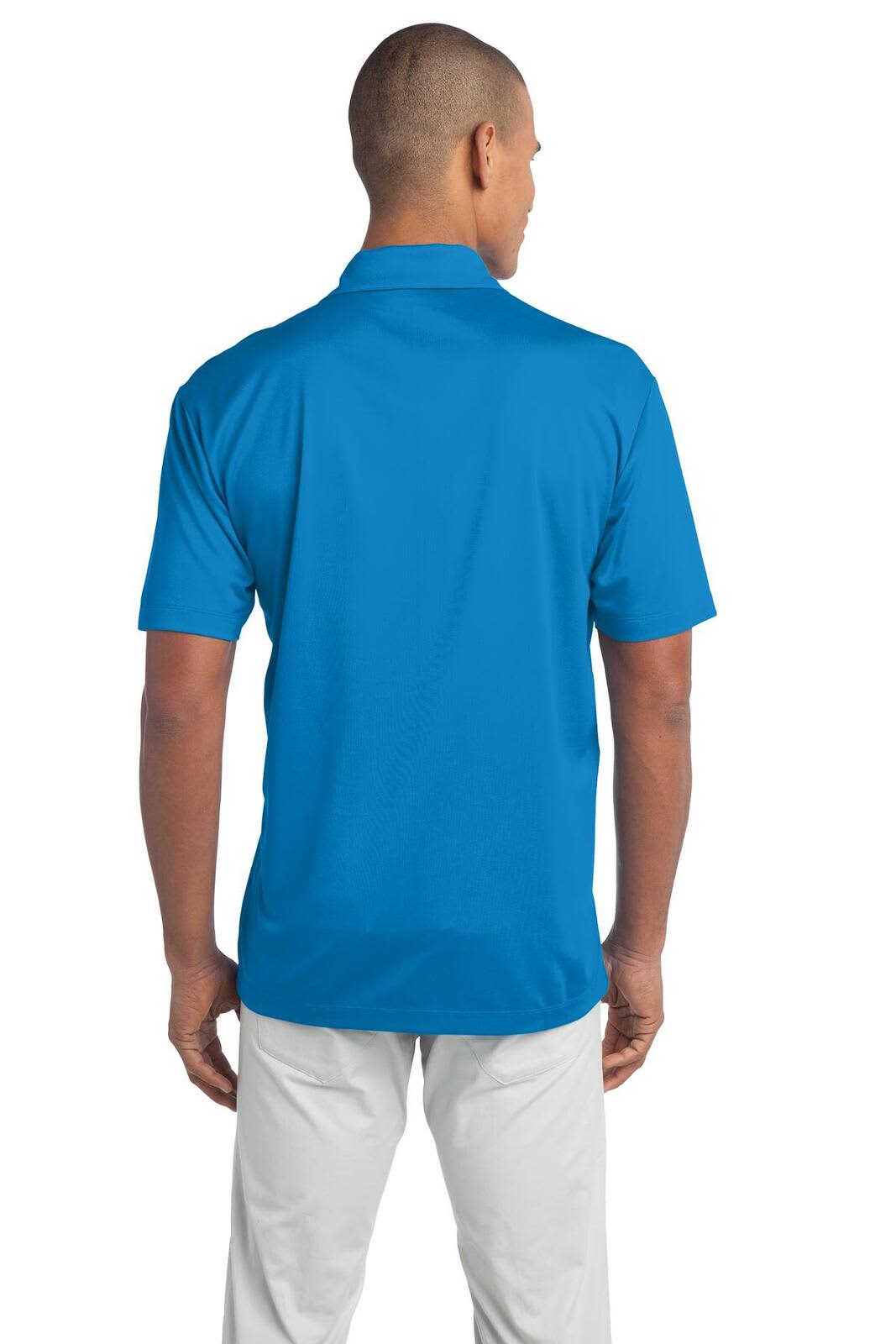 A blue polo shirt is displayed, featuring short sleeves and a collar, with a logo on the back.