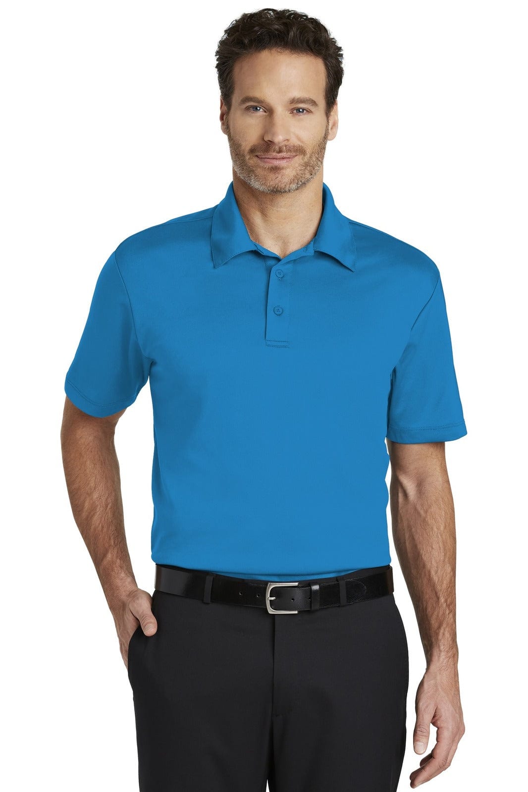 A blue polo shirt with a collar and short sleeves, featuring a logo on the chest, displayed on a mannequin.