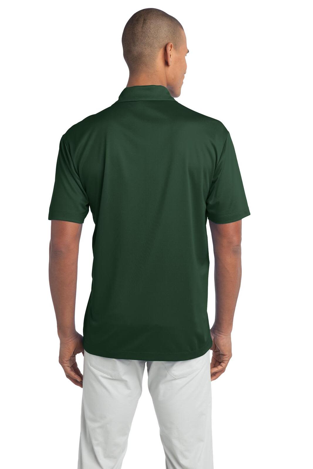 A dark green polo shirt displayed on a model from the back, featuring short sleeves and a collar.