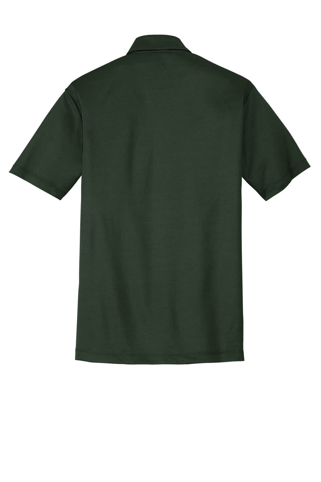 A dark green polo shirt with a collar and short sleeves. The back features a logo.