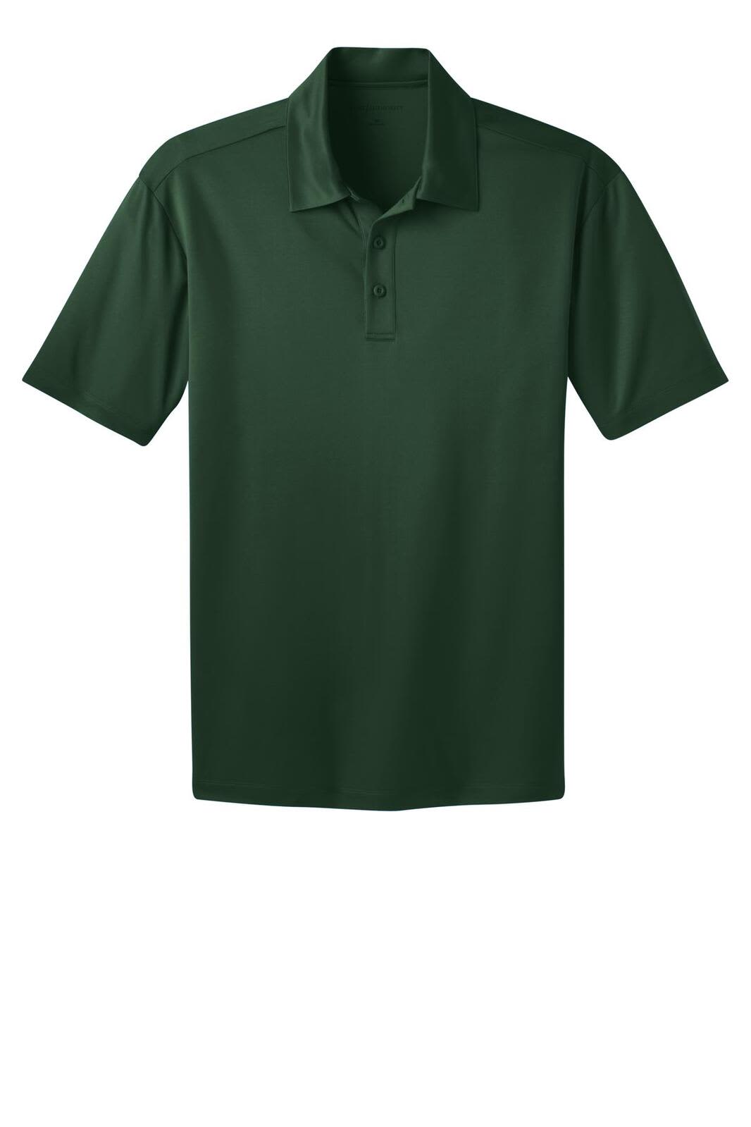A dark green Polo shirt with a collar and short sleeves, featuring a logo on the chest.