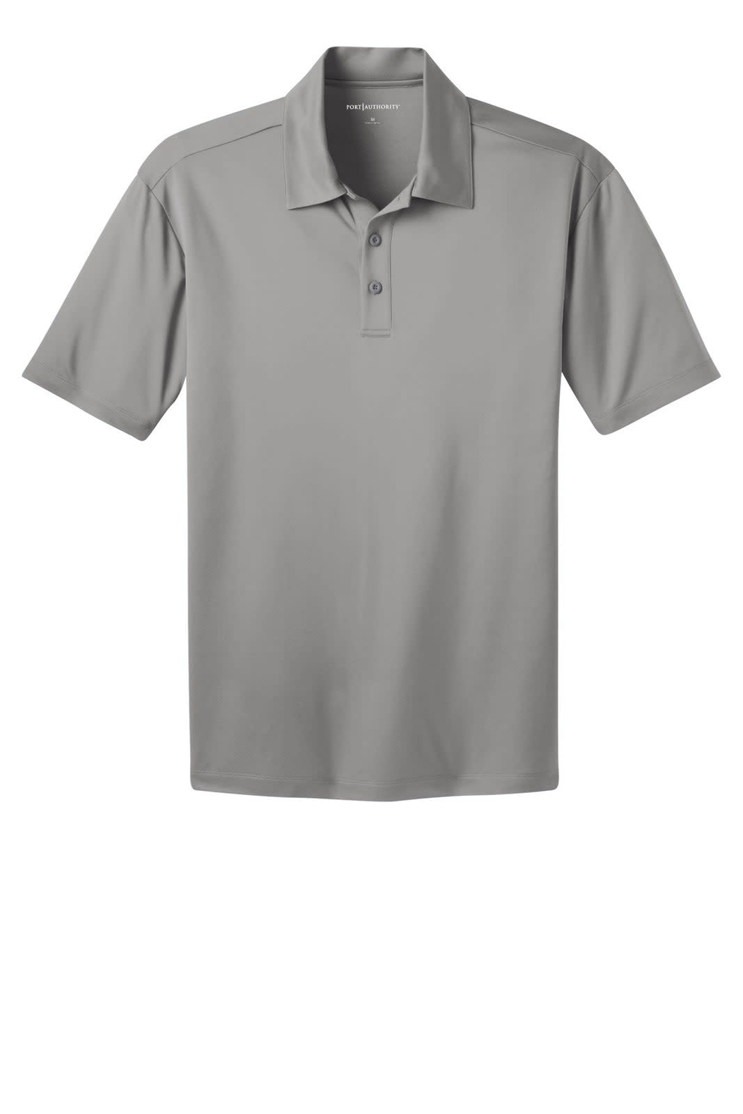 A grey Port Authority Silk Touch Performance Polo shirt featuring a collar and three-button placket, with branding.