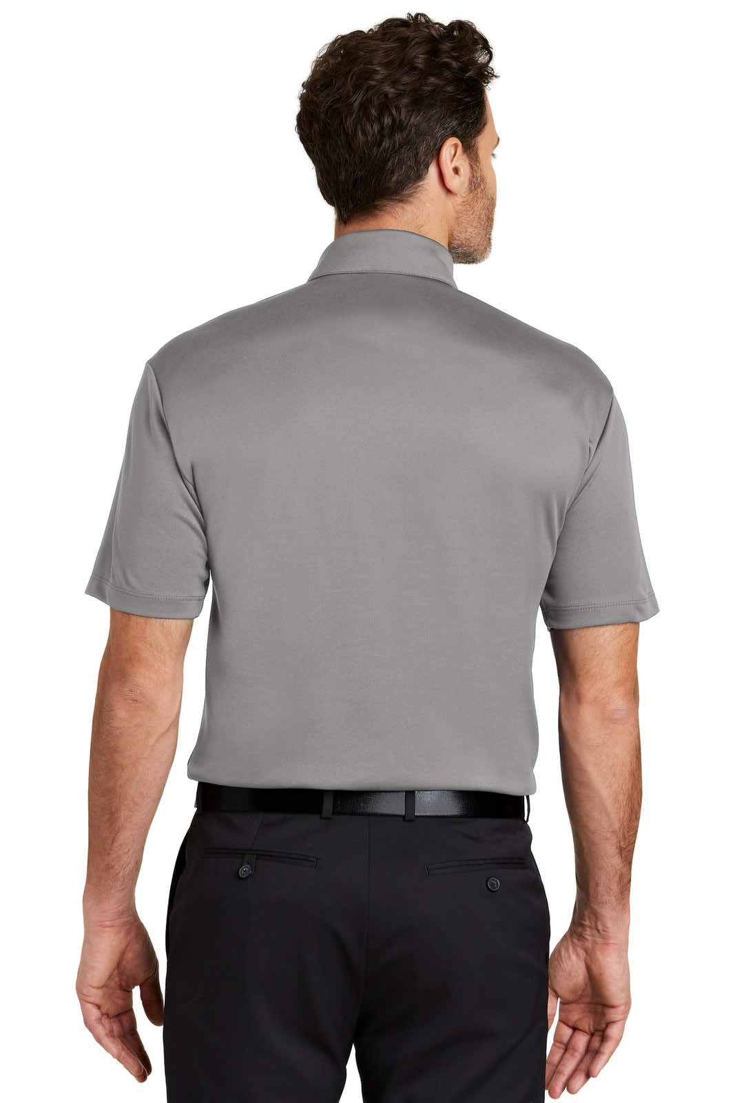 A grey short-sleeve performance polo shirt worn by a man, featuring a collar and a logo on the back.