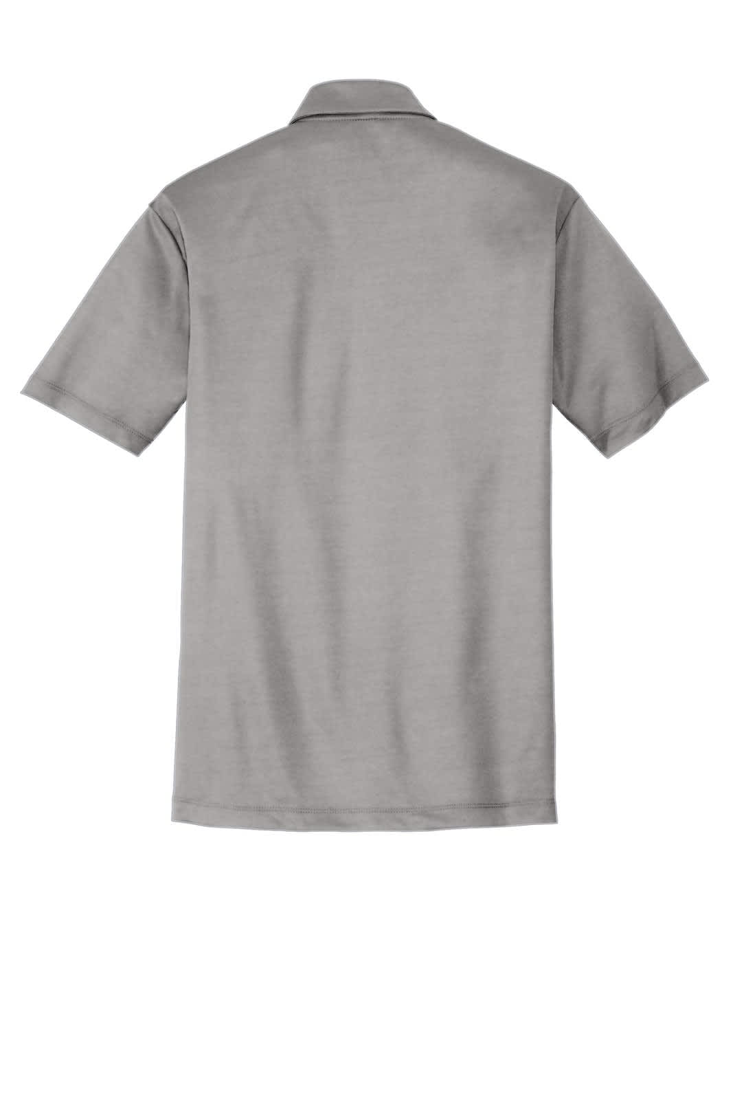A grey Port Authority Silk Touch Performance Polo shirt with a collar and short sleeves, featuring a logo.