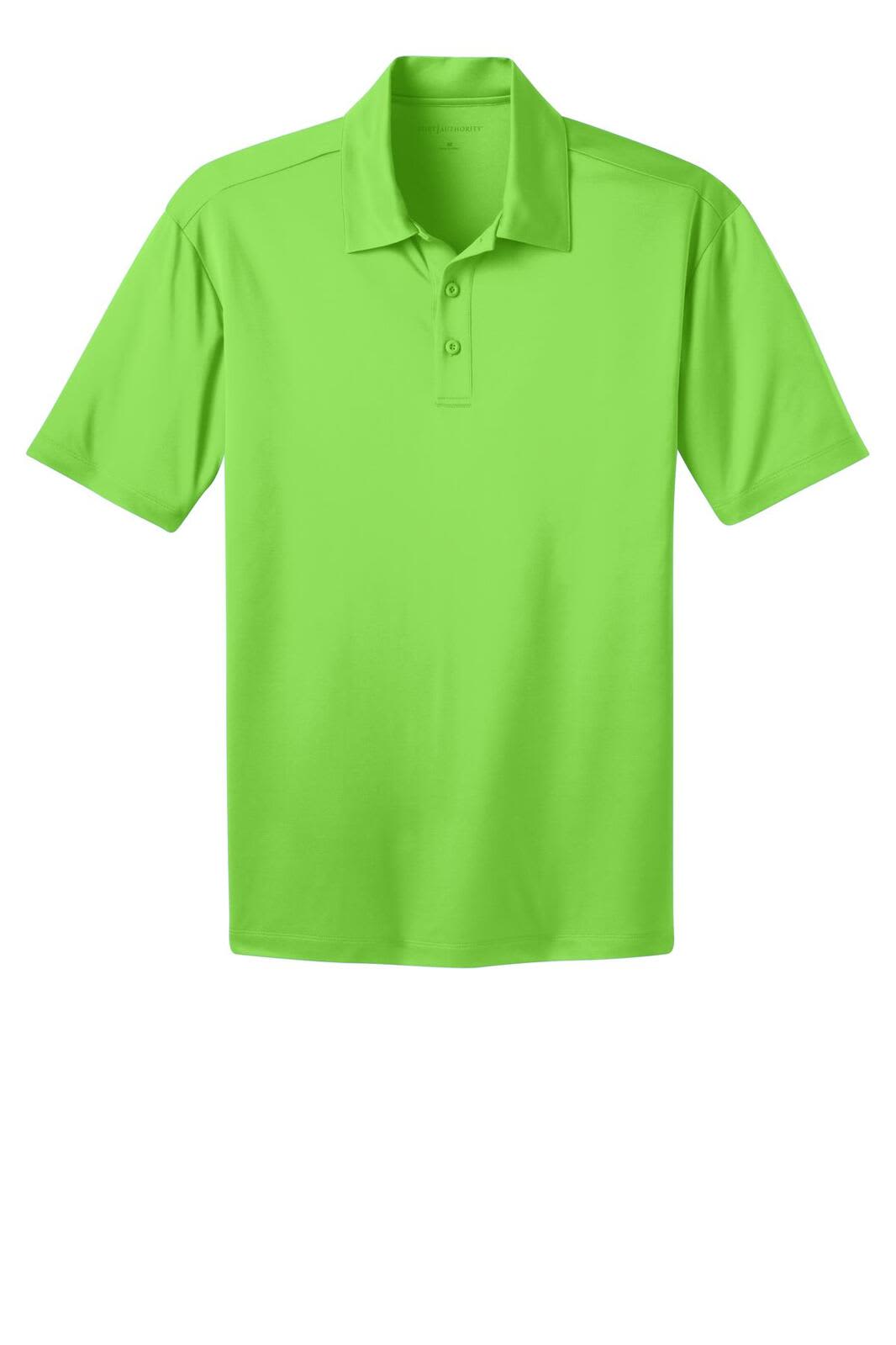 A vibrant green polo shirt with a collar, featuring a logo on the chest area.