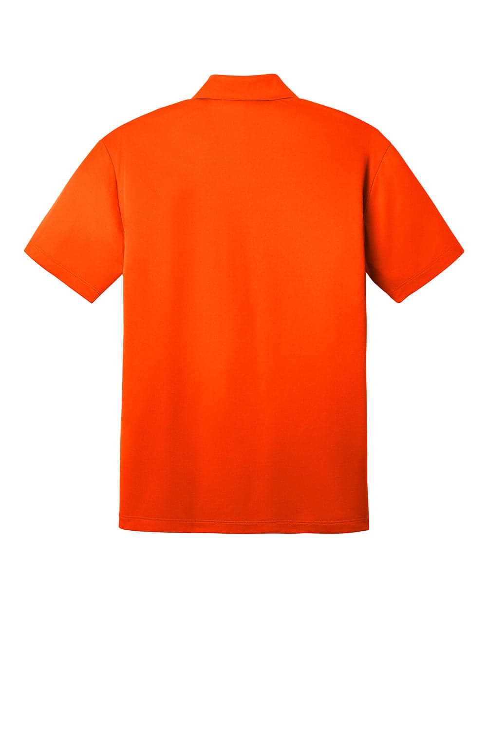 An orange polo shirt with short sleeves and a collar, featuring a logo on the back.