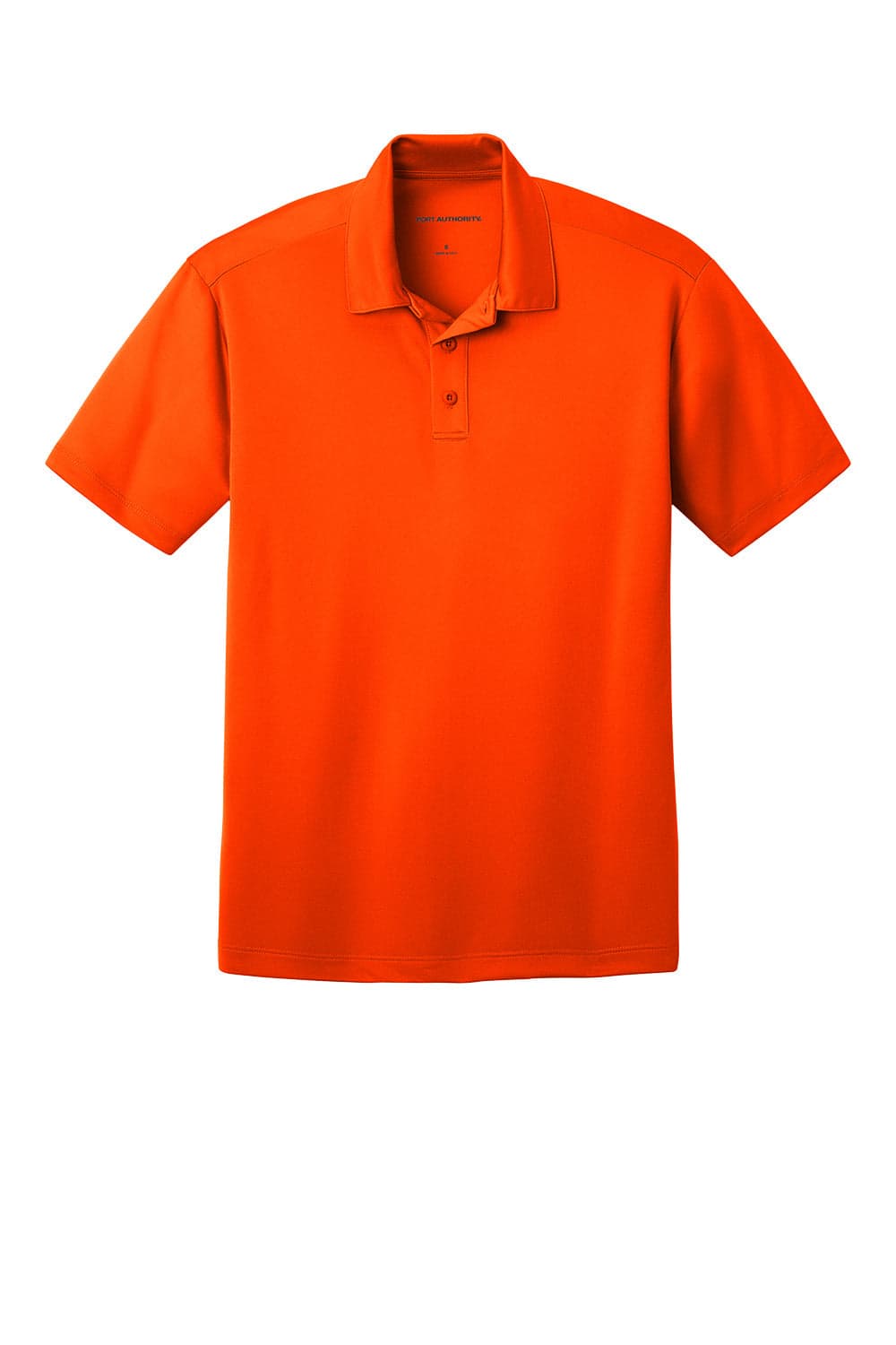 An orange polo shirt with a collar, featuring short sleeves and a logo. Made from performance fabric.
