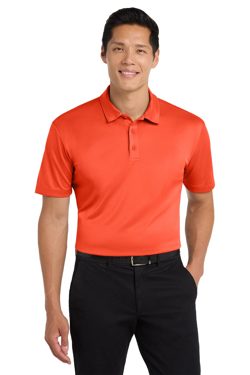 A short-sleeved polo shirt in bright orange, featuring a collar and a logo on the chest.