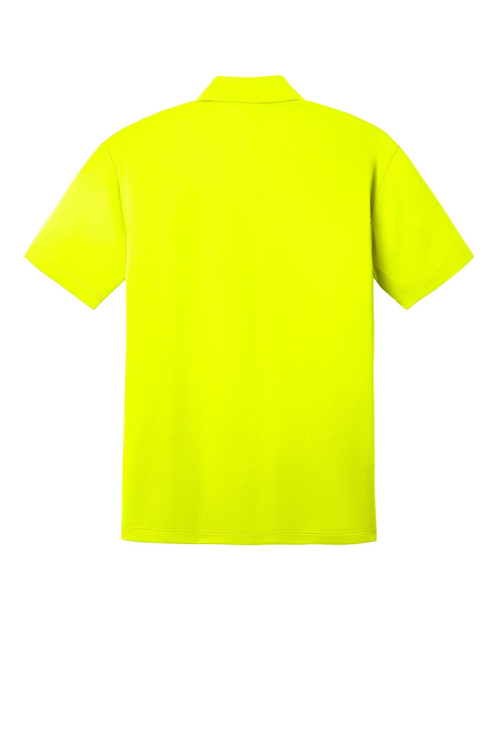 A bright high-visibility yellow polo shirt with short sleeves and a collar. The shirt features a logo.