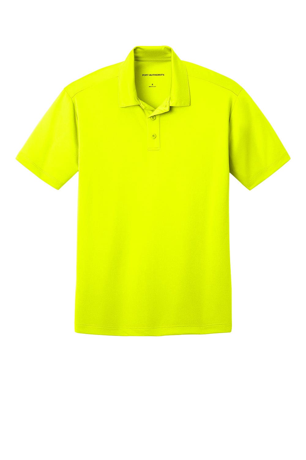 A bright yellow Port Authority Silk Touch Performance Polo shirt with a collar and three buttons, featuring a logo.