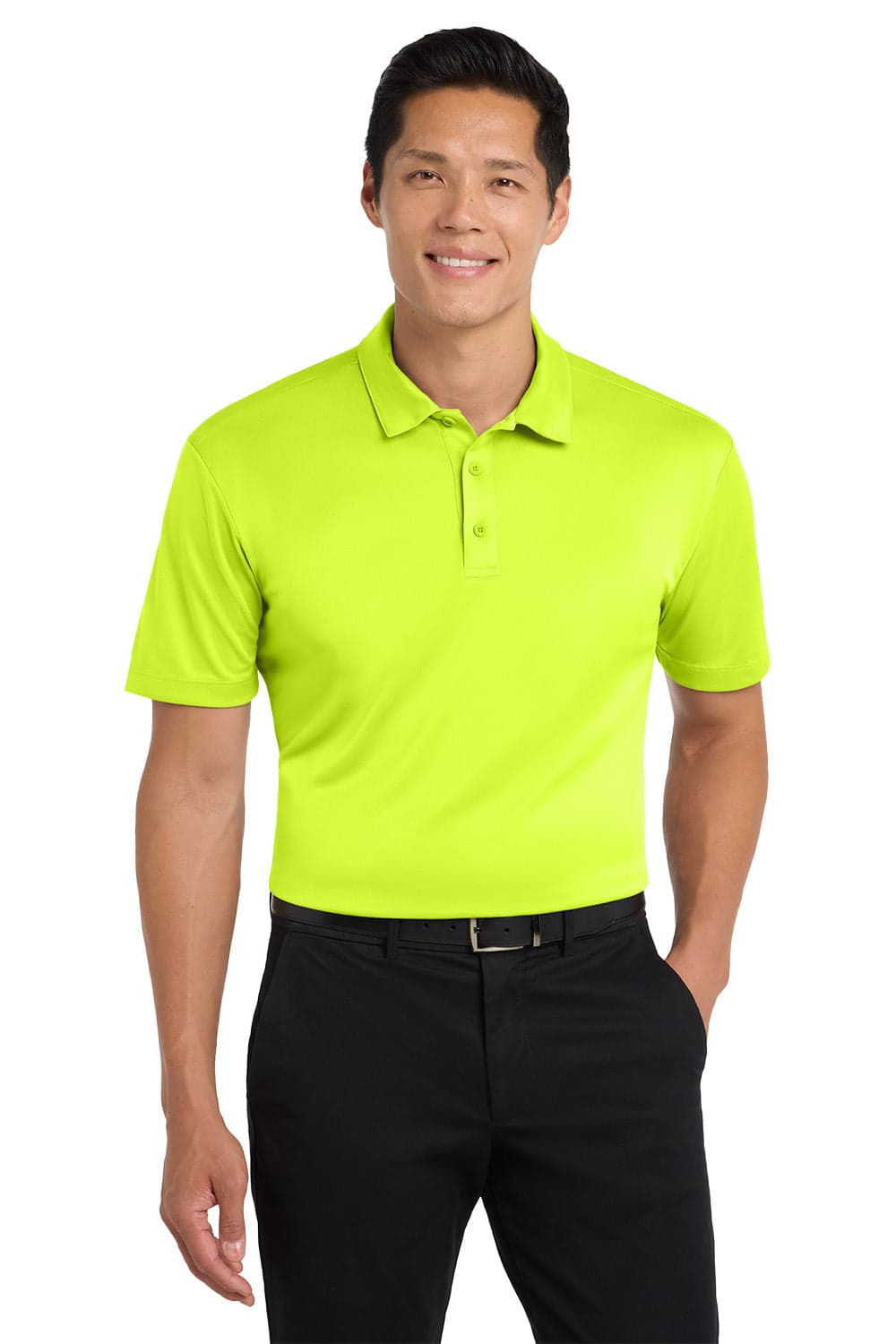 A bright yellow polo shirt worn by a man, featuring a collar and short sleeves, with a logo on it.