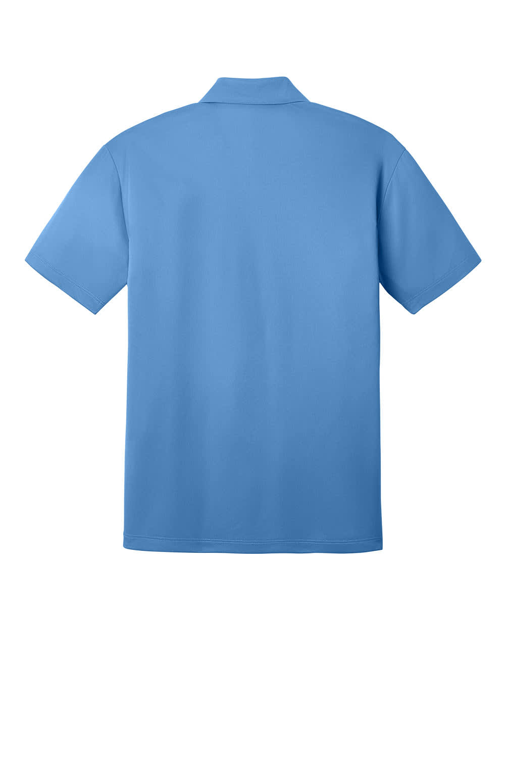 A light blue polo shirt with a collar and short sleeves, featuring a logo on the back.