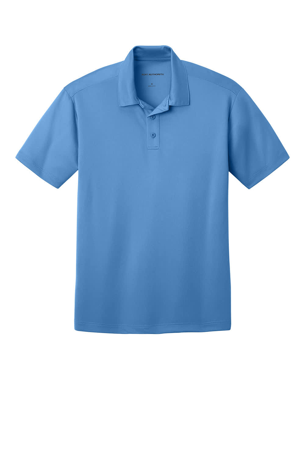 A light blue polo shirt with a three-button placket and a logo on the chest area.