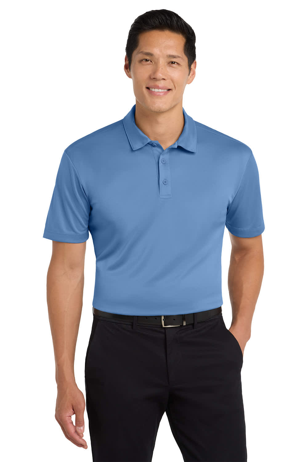 A blue polo shirt is worn by a man, featuring a collar and short sleeves, with a logo on the left chest.