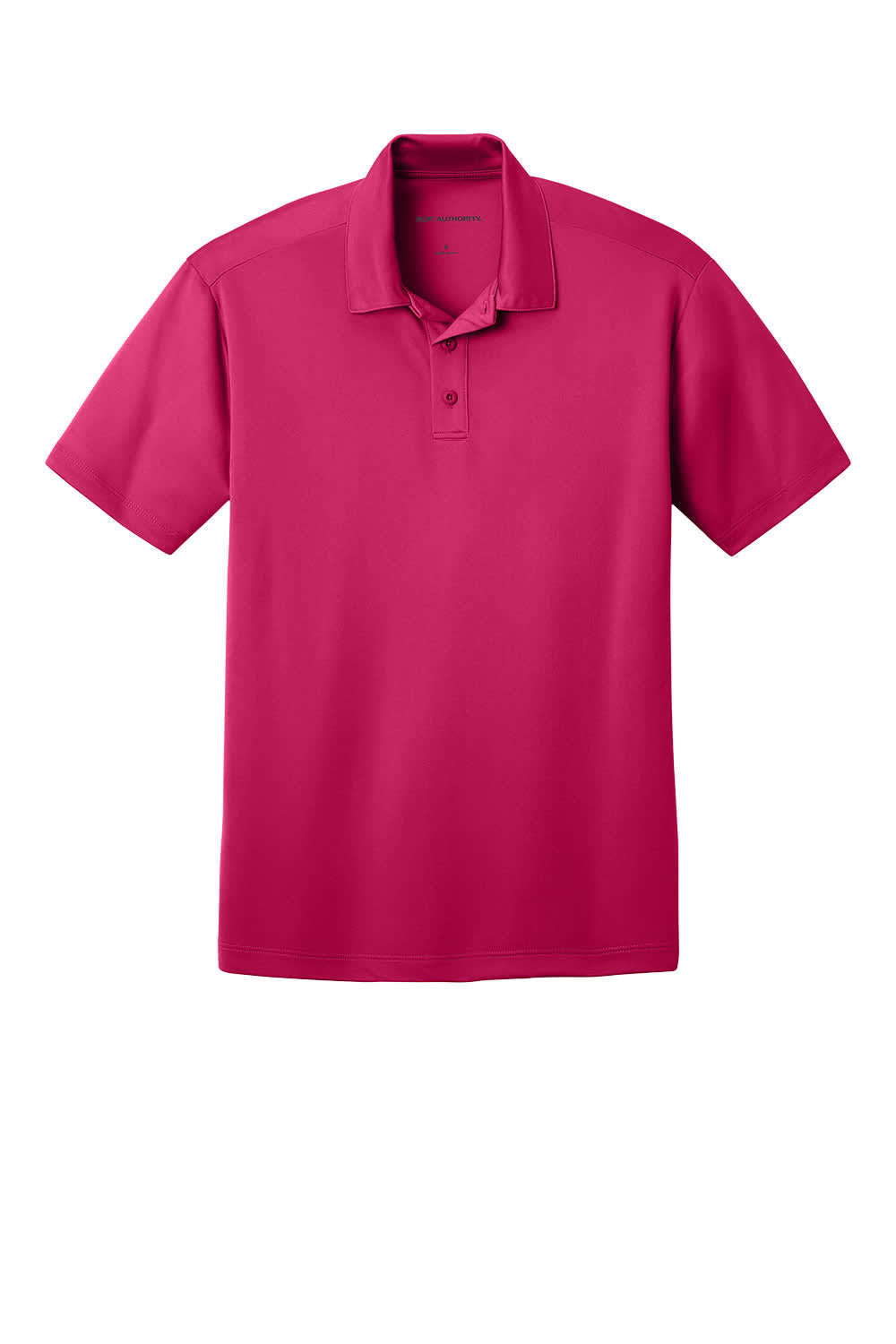 A magenta polo shirt featuring a collared neckline and a logo. Short sleeves with a smooth fabric texture.
