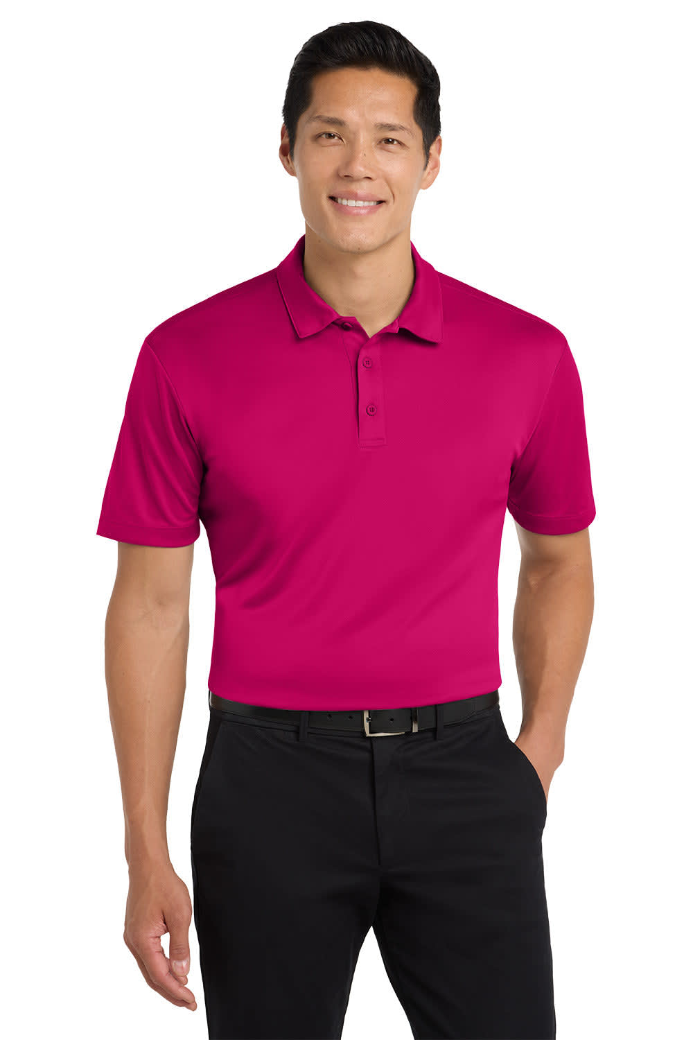 A pink Port Authority Silk Touch Performance Polo shirt with a collar and short sleeves, worn by a model.
