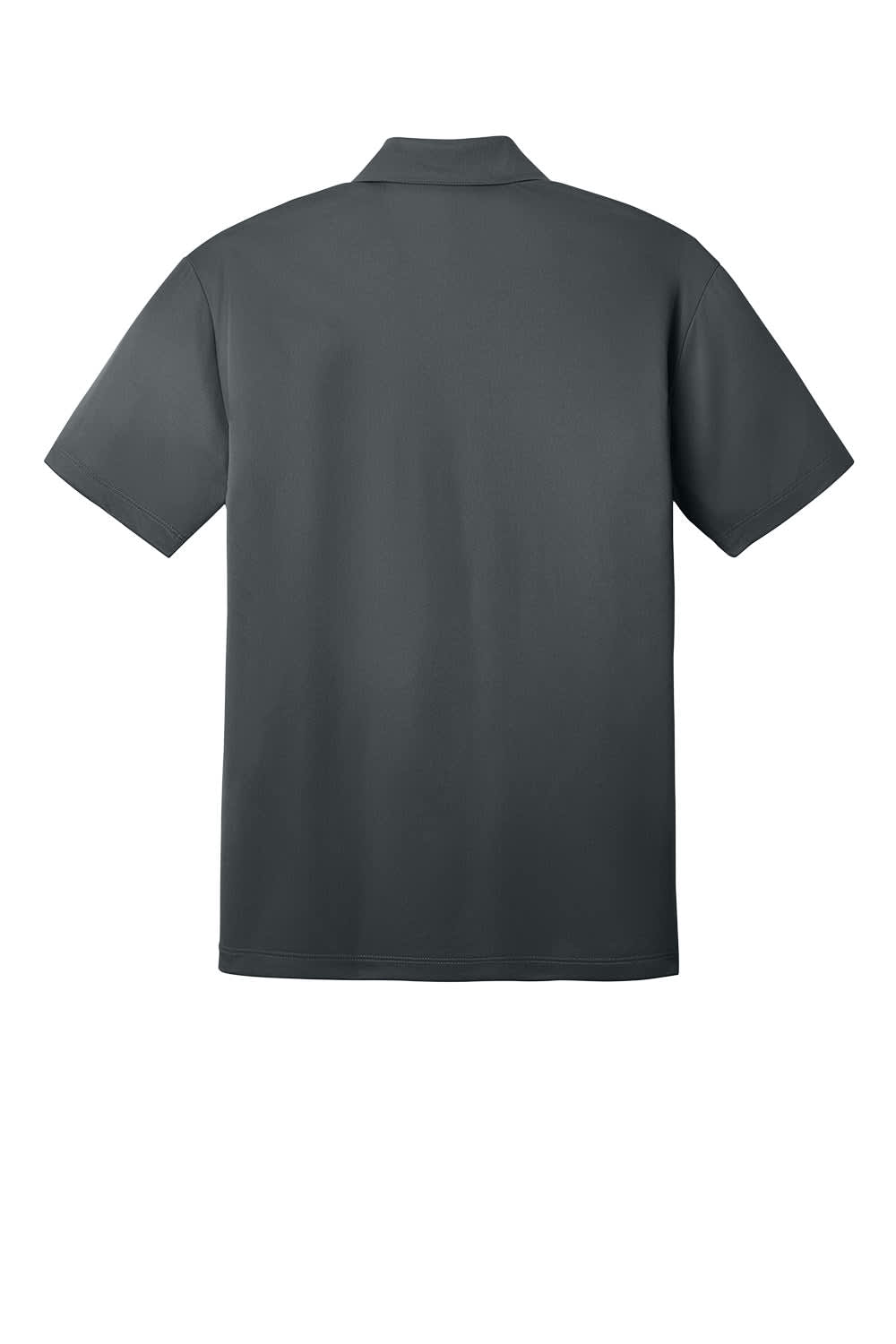A dark grey polo shirt with a collar and short sleeves, featuring a logo on the side.