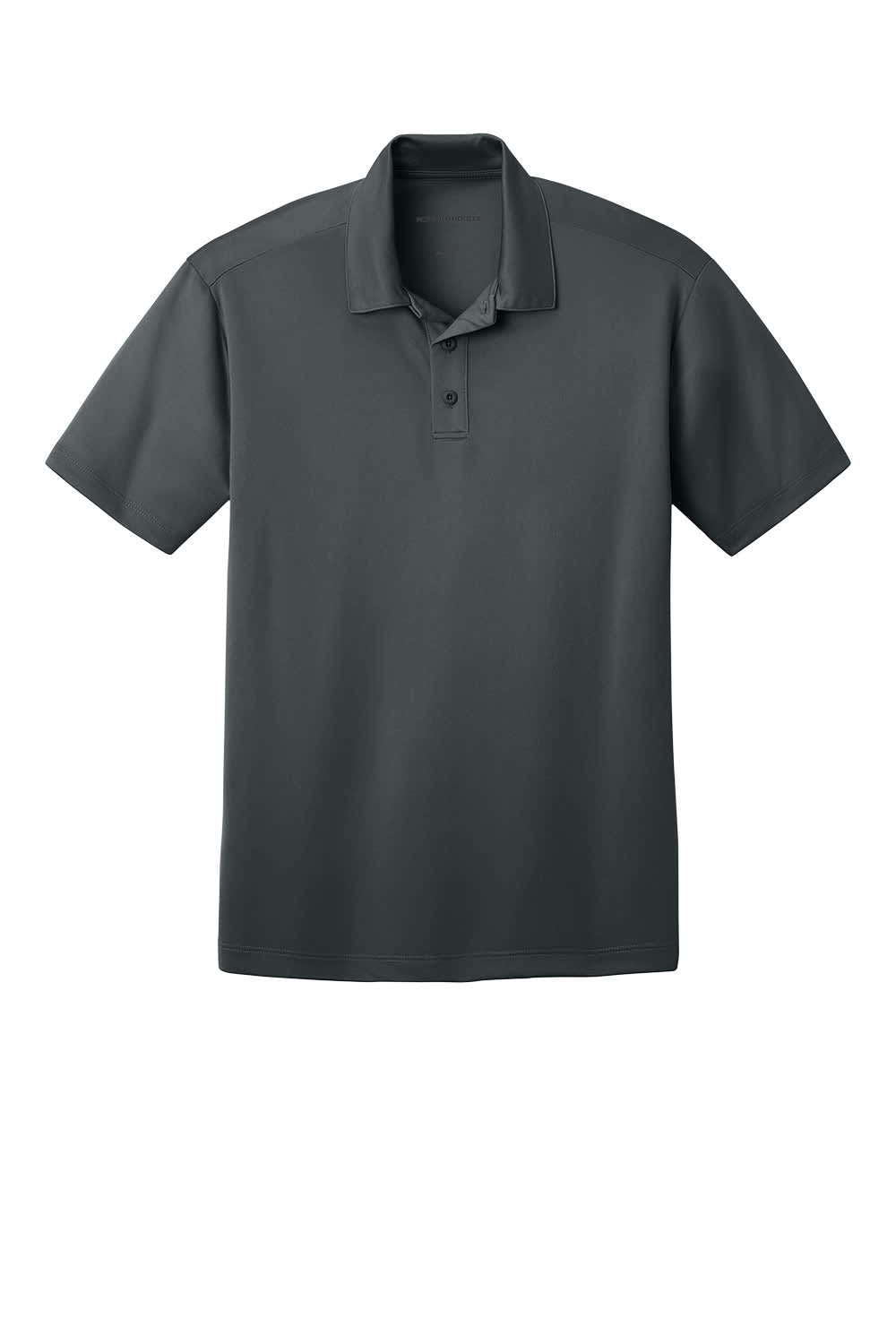 A dark grey polo shirt featuring a collar and a three-button placket, with a logo on the chest.
