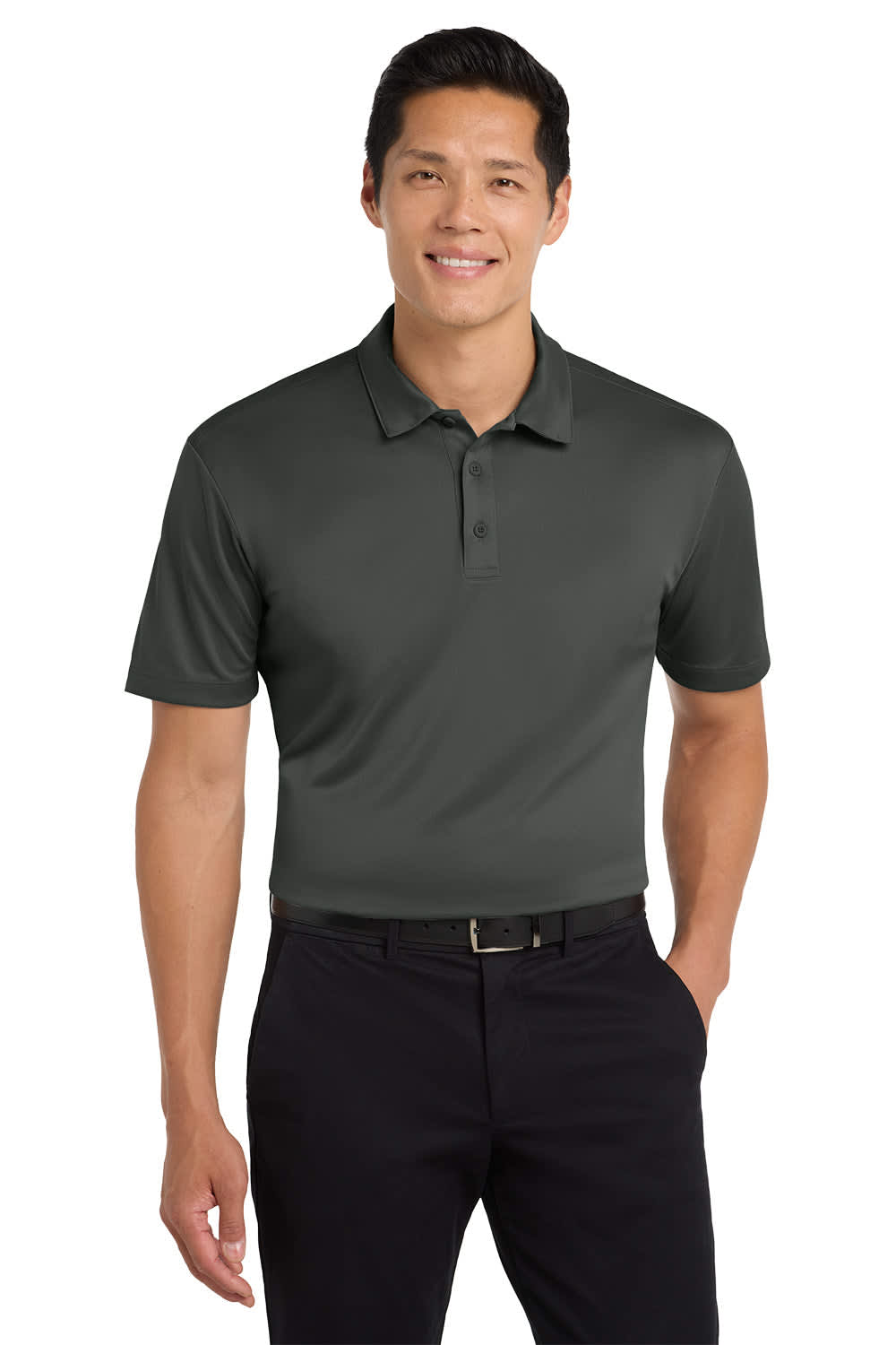 A short-sleeved, dark green polo shirt with a collar and a logo on the chest. Suitable for casual or professional wear.