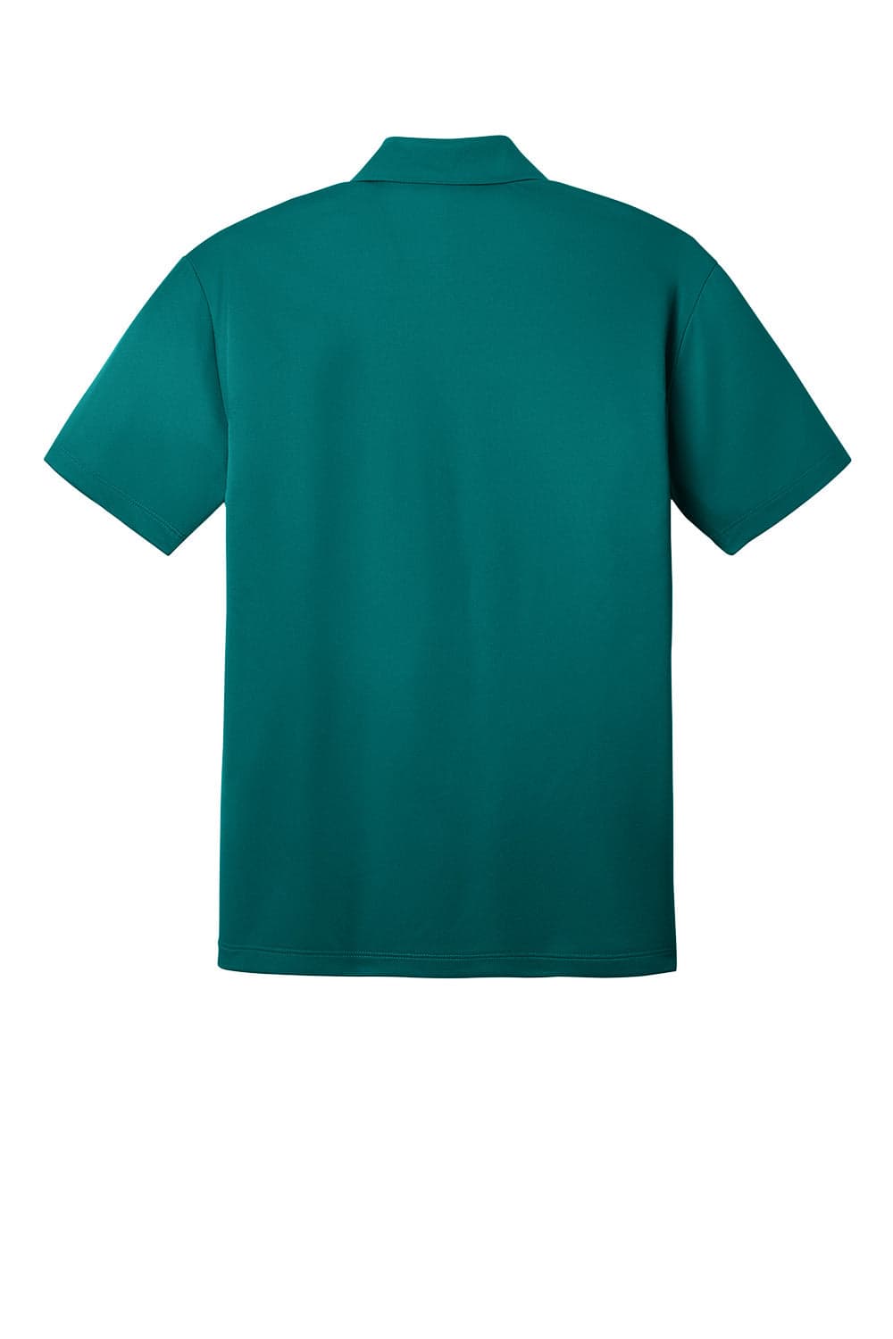 A green polo shirt featuring a classic collar and short sleeves, with a logo on the back.