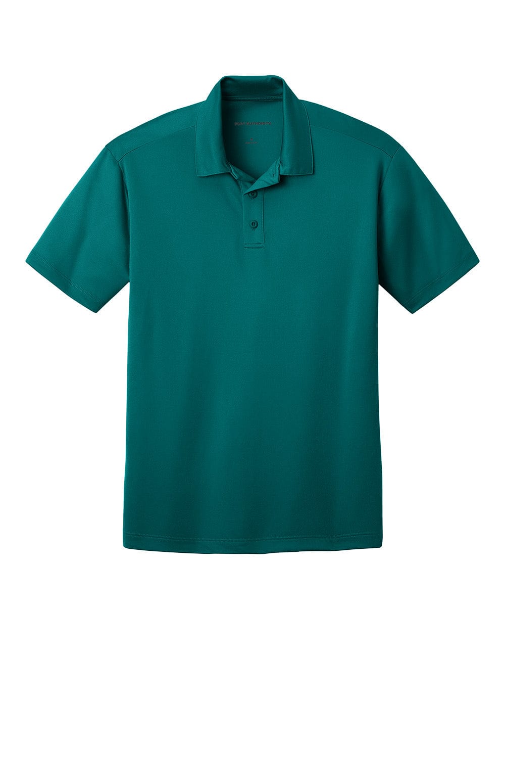 A teal polo shirt with a collar and three-button placket, featuring a small logo on the chest.