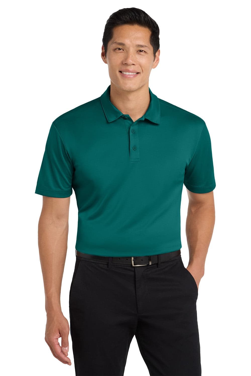 A teal polo shirt featured on a model, complete with a collar and short sleeves, has a logo on the chest.