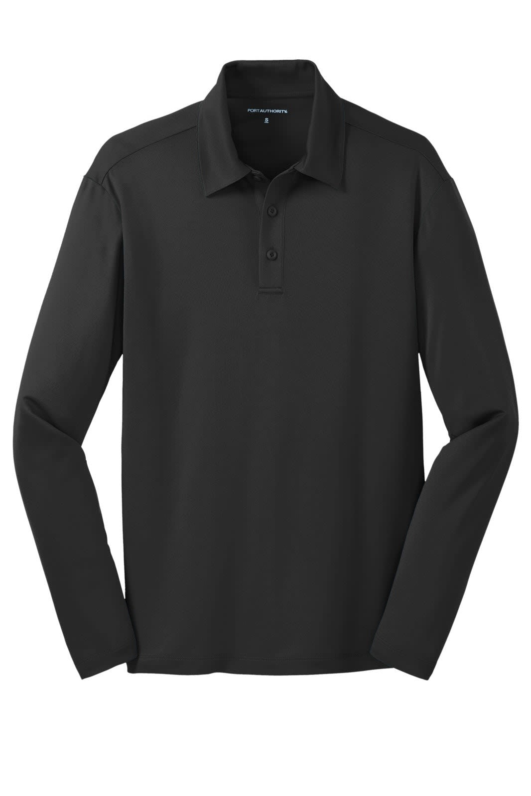 A long sleeve polo shirt in black featuring a collar and button closure, with a logo on the left side.
